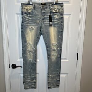 NWT GFTD LA Lucas Blue Jeans Men's 38X32.5 Stretch Distressed Paint Splatter